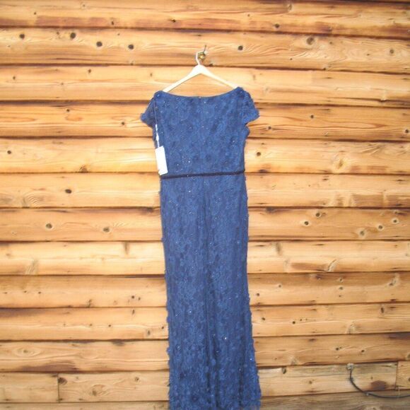 MAC DUGGAL 67711 Navy Floral Applique Boat Neck Cap Sleeve Gown - Picture 9 of 12